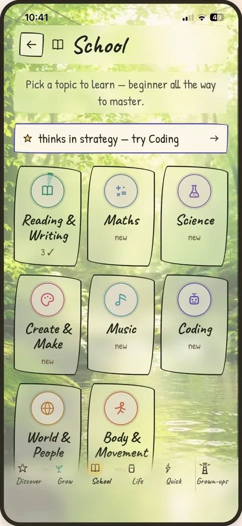 Bloom’s School screen.