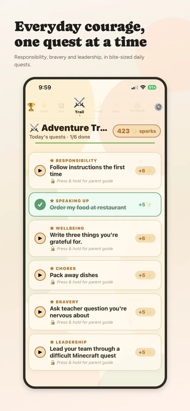 Spark's Adventure Trail screen.